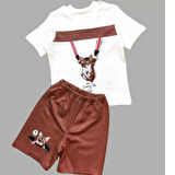1-2-3 Yaş Fermuarlı Kedi Baskılı Şortlu Kısa Kollu Tişört 2li Erkek Bebek Takımı Kahverengi