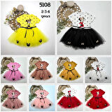 2-3-4 Yaş Puantiyeli Mickey Baskılı Kurdela Kuşaklı Astarlı Kız Bebek Tütü Elbisesi Sarı