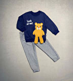 2-3-4 Yaş Ayıcık Sallanan Ayak Desenli Likra Penye Kumaş Sweat Pantolonlu Kız Erkek 2li Çocuk Takımı Lacivert