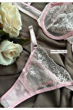PEMBE Çiçekli Brode BALENLİ BRA Sütyen Iç Çamaşırı Tanga Takımı PUDRA