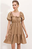 GETİCARET 2351 Kloş Poplin Elbise - Camel