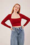 GETİCARET Kare Yaka Basic Bordo Bluz