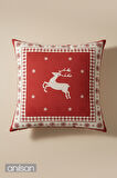 Geyik Desenli Çift Taraflı Kırlent Kılıfı - 45x45 cm Yılbaşı Dekoratif 