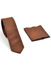 Beyaz Noktalı Mavi Kareli Kahverengi Dokuma Kumaş Mendilli Slim Fit Kravat // SDK-240101