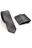Füme Gri Verev Desenli Dokuma Kumaş Mendilli Slim Fit Kravat // SDK-240106