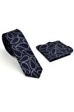 Füme Gri Şal Desenli Lacivert Dokuma Kumaş Mendilli Slim Fit Kravat  // SDK-240112