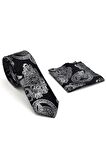 Füme Gri Şal Desenli Siyah Dokuma Kumaş Mendilli Slim Fit Kravat  // SDK-240114