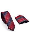 Bordo Kahverengi ve Lacivert Verev Desenli Dokuma Kumaş Mendilli Slim Fit Kravat // SDK-240802