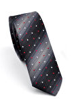 Gri Füme ve Siyah Verev Desenli Dokuma Kumaş Mendilli Slim Fit Kravat // SDK-240803
