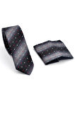 Gri Füme ve Siyah Verev Desenli Dokuma Kumaş Mendilli Slim Fit Kravat // SDK-240803
