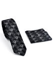 Beyaz ve Füme Şal Desenli Siyah Dokuma Kumaş Mendilli Slim Fit Kravat // SDK-240806