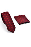 Kırmızı Şal Desenli Bordo Dokuma Kumaş Mendilli Slim Fit Kravat // SDK-240810