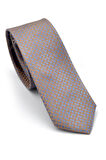 Mavi Küçük Kare Desenli Bej Dokuma Kumaş Mendilli Slim Fit Kravat // SDK-240811