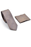 Mavi Küçük Kare Desenli Bej Dokuma Kumaş Mendilli Slim Fit Kravat // SDK-240811