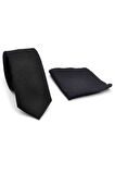 Siyah Şal Desenli Dokuma Kumaş Mendilli Slim Fit Kravat // SDK-250201