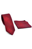 Bordo Kırmızı Verev Desenli Dokuma Kumaş Mendilli Slim Fit Kravat // SDK-250203