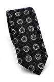 Gri Yuvarlak Desenli Siyah Dokuma Kumaş Mendilli Slim Fit Kravat // SDK-250204