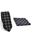 Gri Yuvarlak Desenli Siyah Dokuma Kumaş Mendilli Slim Fit Kravat // SDK-250204