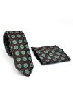 Yeşil Bej Yuvarlak Desenli Kahverengi Dokuma Kumaş Mendilli Slim Fit Kravat // SDK-250206