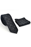 Gri Kırcıllı Desenli Siyah Dokuma Kumaş Mendilli Slim Fit Kravat // SDK-2501-1