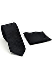 Siyah Piti Kare Desenli Siyah Dokuma Kumaş Mendilli Slim Fit Kravat // SDK-2503-1
