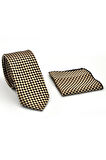 Kahverengi Piti Kare Desenli Bej Dokuma Kumaş Mendilli Slim Fit Kravat // SDK-2503-5