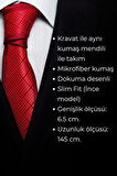 Kahverengi Piti Kare Desenli Bej Dokuma Kumaş Mendilli Slim Fit Kravat // SDK-2503-5