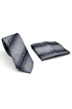 Füme Verev Desenli Gri Dokuma Kumaş Mendilli Slim Fit Kravat // SDK-2505-4