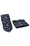 Gri Şal Desenli Lacivert Dokuma Kumaş Mendilli Slim Fit Kravat // SDK-2507-2