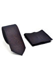 Şal Desenli Kahverengi Dokuma Kumaş Mendilli Slim Fit Kravat // SDK-2508-4