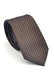 Mavi Nokta Desenli Kahverengi Dokuma Kumaş Mendilli Slim Fit Kravat // SDK-2510-5