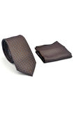 Mavi Nokta Desenli Kahverengi Dokuma Kumaş Mendilli Slim Fit Kravat // SDK-2510-5