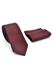 Beyaz Küçük Kare Desenli Bordo Dokuma Kumaş Mendilli Slim Fit Kravat // SDK-2511-3