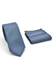 Beyaz Küçük Kare Desenli Mavi Dokuma Kumaş Mendilli Slim Fit Kravat // SDK-2511-5