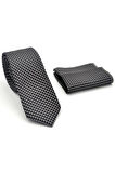 Beyaz Küçük Kare Desenli Füme Dokuma Kumaş Mendilli Slim Fit Kravat // SDK-2511-6