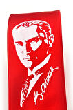 Atatürk Portre ve İmza Baskılı Slim Fit Saten Kırmızı Kravat - AK-08