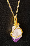 Sertifikalı Gold Tel Sargılı Ham Ametist Taşı Kolye