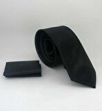 Siyah Slim Fit (ince) Düz Renk Mendilli Saten Kravat - SS-01