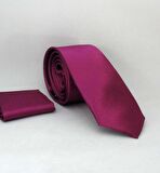 Mürdüm Slim Fit (ince) Düz Renk Mendilli Saten Kravat - SS-06