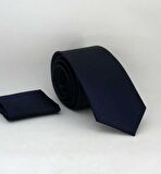 Lacivert Slim Fit (ince) Düz Renk Mendilli Saten Kravat - SS-24