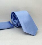 Açık Mavi Slim Fit (ince) Düz Renk Mendilli Saten Kravat - SS-27