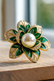 Zümrüt Yeşili İnci Detaylı Altın Renk Çiçek Formlu Broş