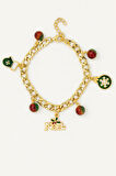 Altın Kaplama Noel Temalı Çelik Charm Bileklik Renkli Boncuk ve Kar Tanesi Detaylı