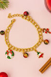 Altın Kaplama Çelik Zincir Yılbaşı Temalı Charm Boncuklu Bileklik Noel Ağaç Detaylı