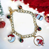 Altın Kaplama Çelik Zincir Noel Temalı Kardan Adam Ve Ay Figürlü Charm Bileklik