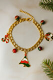 Altın Kaplama Yılbaşı Temalı Charm Zincir Bileklik Kırmızı Yeşil Detaylı