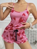 Kadın Pembe Kalp Baskılı Şortlu Gecelik Pijama Takımı Sevimli Rahat ’li Set