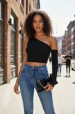 Kadın Siyah Modern Fit Tek Omuz Detaylı Uzun Kol Crop Top Bluz