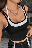 Kadın Siyah Beyaz Çift Renk Çapraz Askılı Crop Top Bluz Şık Esnek