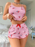 Kadın Pembe Kiraz Desenli Askılı Şortlu Pijama Takımı Rahat Şık ’li Set